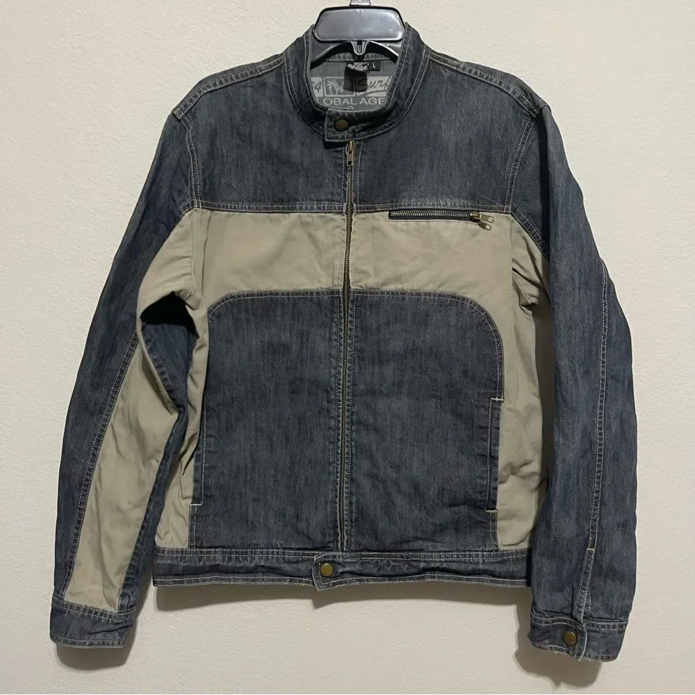 Men’s Two-Tone Denim Jean Jacket Beige Contrast Panels Zip Chest Pocket L 54Surf